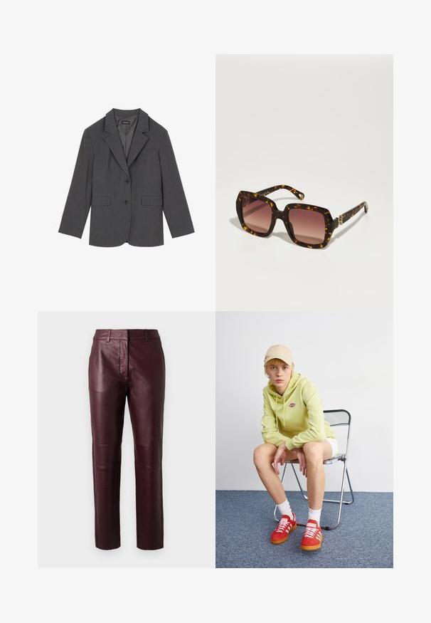 Blazer grigio con rever a punta, due tasche frontali e due bottoni. Tessuto liscio con un delicato motivo a trama, vestibilità strutturata e maniche lunghe.; Maglione grigio a collo alto in maglia, caratterizzato da una vestibilità comoda, polsini e orlo a coste, e un tessuto testurizzato. Il retro è semplice e privo di ulteriori dettagli.; Top rosso senza maniche con scollo drappeggiato, orlo asimmetrico e dettaglio a cravatta in vita. Realizzato in un tessuto leggero e trasparente.; Pantaloni in pelle bordeaux con un design aderente, leggera lucentezza e texture liscia. Presentano una vita a media altezza e gambe a taglio dritto.; Felpa verde chiaro con logo, pantaloni corti bianchi, scarpe rosse con strisce bianche, seduto su una sedia pieghevole in cromo contro uno sfondo neutro.; CHLOÉ Occhiali da sole - havana/red; Borsa a tracolla in pelle nera con design curvo, hardware color oro e manico superiore. Caratterizzata da una chiusura elegante e una superficie liscia.