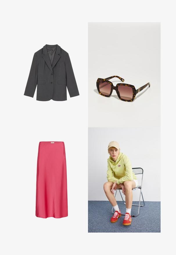 Harmaan takin, jossa on taitetut kaulukset, kaksi etutaskua ja kaksi nappia. Silkkinen kangas, jossa on hienovarainen kudontamalli, jämäkkä istuvuus ja pitkät hihat.; Harmaa neulepusero, jossa on korkeakauluksellinen malli, rento istuvuus, ribatulla hihansuilla ja helmalla, sekä teksturoitu kudonta. Takana on yksinkertainen, ei lisäyksityiskohtia.; Vaaleanpunainen satiinimidi-hame, jossa on sileä pinta, rento istuvuus ja hillitty elastinen vyötärö, joka tarjoaa virtaavan siluetin.; Vaaleanvihreä huppari, jossa on logo, valkoiset shortsit, punaiset tennarit valkoisilla raidoilla, istuu kromisessa taitettavassa tuolissa neutraalia taustaa vasten.; CHLOÉ Aurinkolasit - havana/red