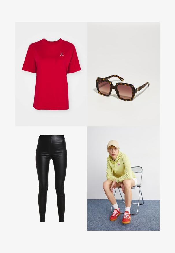 Hall blazer, millede pitsade, kahte esist taskut ja kahte nuppu. Sile kangas koos peene kudumise mustriga, struktureeritud lõige ja pikad varrukad.; Hallide halli kõrge kaelusega sviiter, millel on lõdvestunud lõige, soonikust mansetid ja allserv. Seljaosa on lihtne, ilma lisadeta.; Punane puuvillane T-särk lühikeste varrukatega, ümmargune kaelus, millel on vasakul rinnal valge Jordani logo brodeeritud. Sile tekstuur.; Mustad kunstnahklega retuusid kõrge vöökoha, kehafiguuri järgiva disainiga, siledast tekstuurist ja ilma nähtavate õmbluste või kaunistusteta.; Hele roheline kapuutsiga särgiga, valged lühikesed püksid, punased tossud valgete triipudega, istub kroomitud kokkuklapitaval toolil neutraalse tausta ees.; CHLOÉ Päikeseprillid - havana/red; Mustroone nahast käekott kaarjate vormidega, kuldse tooni detailide ja ülemise käepideme ning sujuva sulgemise ja sileda tekstuuriga.
