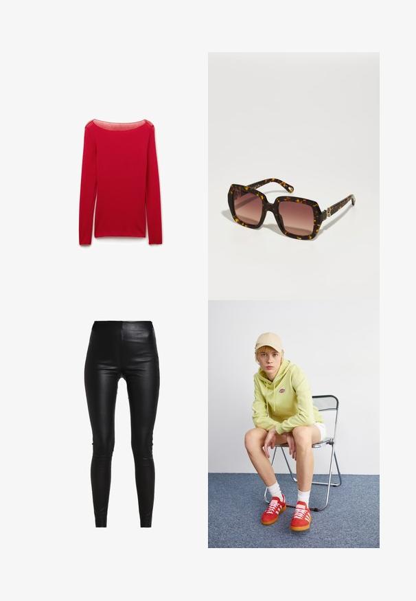 Grijze blazer met geplooide revers, twee voorzakken en twee knopen. Gladde stof met een subtiel geweven patroon, gestructureerde pasvorm en lange mouwen.; Grijze gebreide coltrui met een ontspannen pasvorm, geribbelde mouwen en onderkant, en een gevarieerde structuur. De achterkant is eenvoudig zonder verdere details.; Rode shirt met lange mouwen van zachte, lichte stof met een brede, boothals en een aansluitende pasvorm, met minimale stikseldetails.; Zwarte nepleer leggings met een hoge taille, een figuurvolgend ontwerp, een gladde textuur en geen zichtbare naden of versieringen.; Lichtgroene hoodie met logo, witte shorts, rode sneakers met witte strepen, zittend op een chroom opvouwstoel tegen een neutrale achtergrond.; CHLOÉ Zonnebril - havana/red; Zwarte leren handtas met een gebogen ontwerp, goudkleurige accenten en een bovenhandvat. Heeft een strakke sluiting en een gladde textuur.