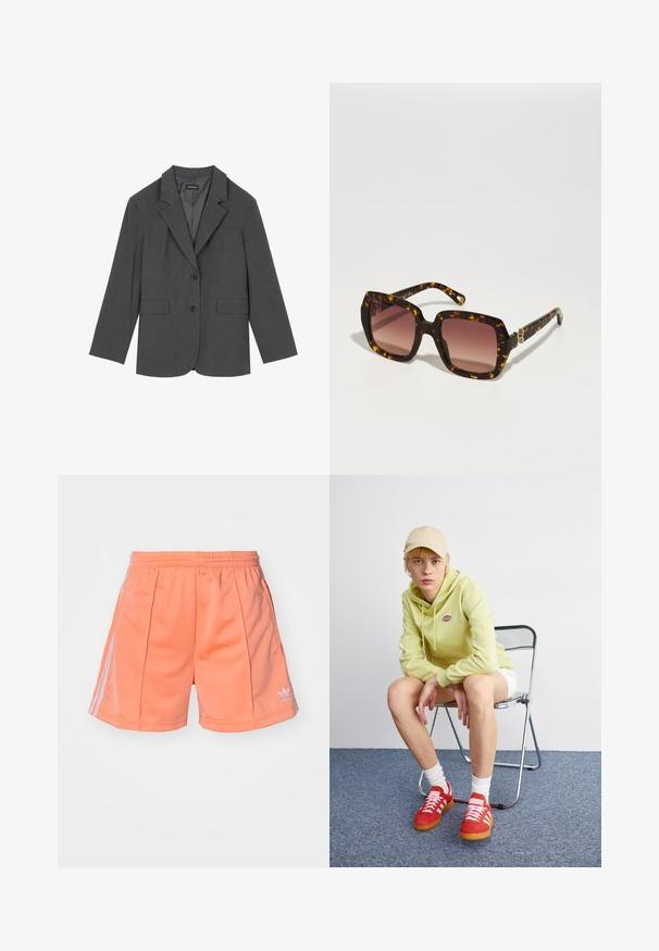Grå kavaj med slag, två framfickor och två knappar. Slät tyg med en subtil vävstruktur, strukturerad passform och långärmade.; Grå stickad turtleneck-tröja med avslappnad passform, ribbade mudd och nederkant samt en strukturväv. Baksidan är enkel utan ytterligare detaljer.; Ljusorangea sportshorts med elastisk midja, med två vertikala vita ränder på sidorna och en liten vit logodetalj.; Ljusgrön hoodie med logotyp, vita shorts, röda sneakers med vita ränder, sittande på en kromad vikstol mot en neutral bakgrund.; CHLOÉ Solglasögon - havana/red