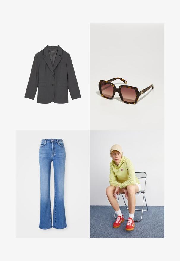 Pelēks žakets ar iegrieztiem klāniem, divām priekšējām kabatām un diviem pogām. Gluds audums ar smalku auduma rakstu, strukturēta piegriezuma un garām piedurknēm.; Pelēks adīts turtlenecks džemperis ar brīvu piegriezumu, ribotām piedurknēm un apakšmalu, kā arī strukturētu audumu. Aizmugure ir vienkārša, bez papildu detaļām.; Augstas vidukļa platās džinses, kas izgatavotas no gaiši zila denima. Iezīmes ietver piecas kabatas, rāvējslēdzēja aizdari un noberztas maliņas. Tekstūrēta auduma ar izbalējumu.; Gaiši zaļa kapuce ar logo, baltas šortus, sarkani sporta apavi ar baltām svītrām, sēž chrome saliekamajā krēslā pret neitrālu fonu.; CHLOÉ Saulesbrilles - havana/red; Melna ādas rokassoma ar izliekta dizaina elementiem, zelta krāsas detaļām un augšējo rokturi. Iezīmējas ar elegantu aizdari un gludu faktūru.