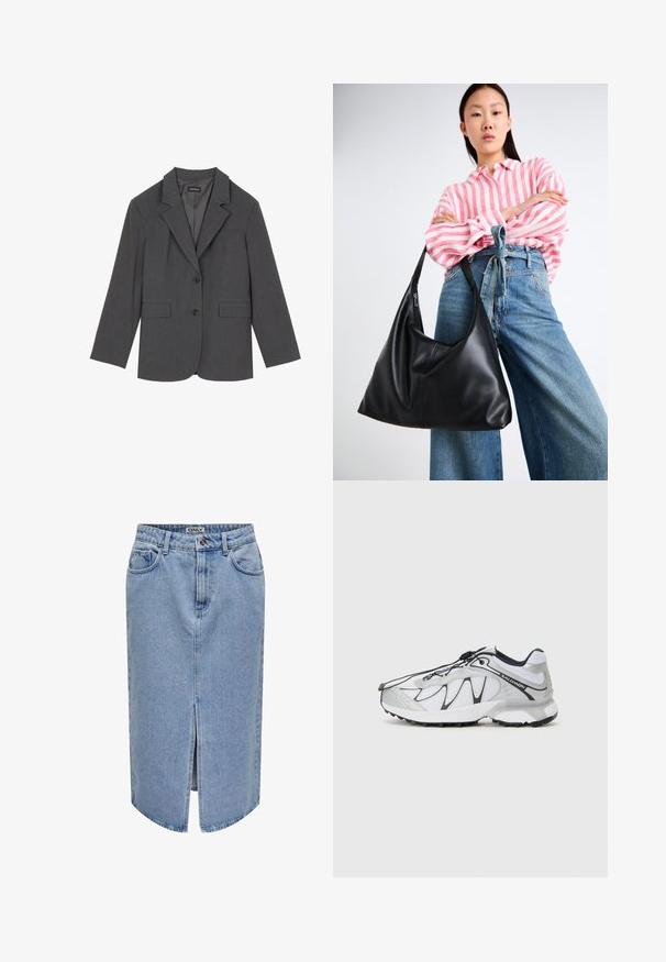 Sivý blejzer s vykrojenými klopami, dvoma prednými vreckami a dvoma gombíkmi. Hladká tkanina s jemným tkaným vzorom, štruktúrovaný strih a dlhé rukávy.; Čierny dlhý rukáv svetra s okrúhlym výstrihom a rebrovanými manžetami a spodným lemom, vystavený na bielom pozadí.; Svetlomodrá riflová sukňa so rovnými líniami, predným rozparkom, dizajnom s piatimi vreckami a zipsom so zapínaním na gombík.; Biele športové topánky s vrchnou časťou z priedušnej sieťoviny, čiernymi akcentmi, textúrovanou gumovou podrážkou a elastickým šnurovaním. Ľahké s moderným dizajnom.; Čierna kožená taška cez rameno s uvoľneným tvarom a detailmi švov. Model má na sebe ružovú a bielu prúžkovanú košeľu a široké modré džínsy.