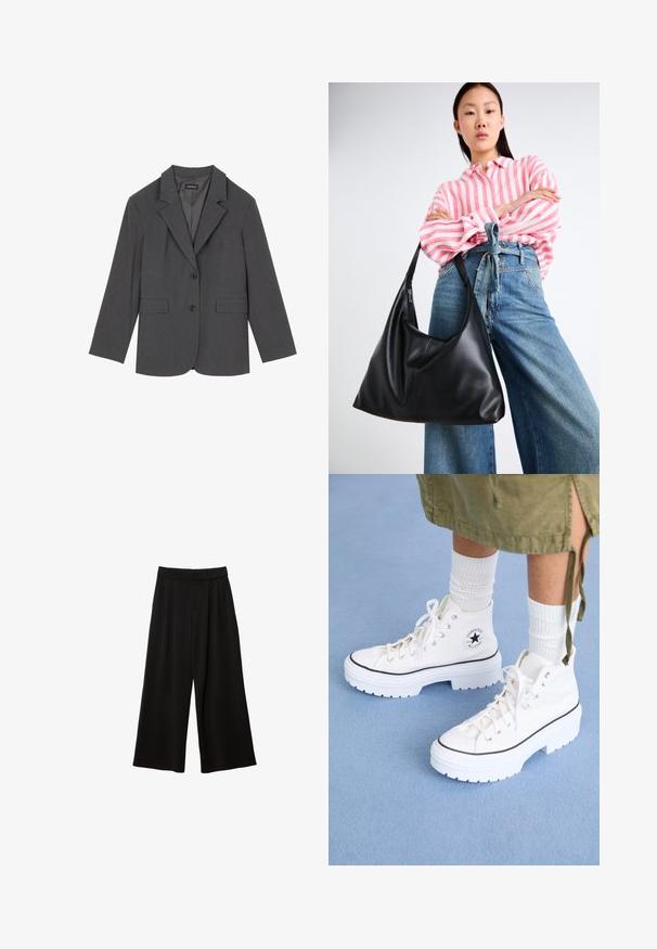 Grå blazer med noterede klapper, to frontlommer og to knapper. Glat stof med et subtilt vævemønster, struktureret pasform og lange ærmer.; Sort langærmet trøje med rund halsudskæring, ribbede manchetter og kant, præsenteret mod en hvid baggrund.; Sorte bredde-bukser med høj talje, der har læg, en glat tekstur, og uden synlige lommer eller pynt.; Hvide højtop sneakers med et tekstureret canvas-overdel, gummitåhætte og tyk hvid platformssål. Har sorte accenter og snøreringe.; Sort læder skuldertaske med en afslappet form og sømdetaljer. Modellen har en lyserød og hvid stribet skjorte på sammen med blå jeans med brede ben.