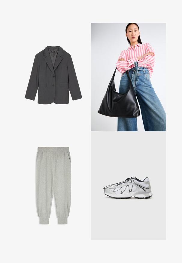 Blazer gris avec revers crantés, deux poches avant et deux boutons. Tissu lisse avec un motif de tissage subtil, coupe structurée et manches longues.; Pull noir à manches longues avec col rond, doté de bords côtelés aux poignets et à l'ourlet, présenté sur un fond blanc.; Pantalon de jogging gris en tissu doux et texturé. Il est doté d'une taille élastique, de poches latérales et de finitions ajustées aux chevilles.; Baskets de sport blanches avec une tige en mesh, accents noirs, semelle en caoutchouc texturée et système de laçage élastique. Légères avec un design moderne.; Sac à épaule en cuir noir avec une forme décontractée et des détails de couture. Le modèle porte une chemise rayée rose et blanche avec un jean bleu à jambes larges.
