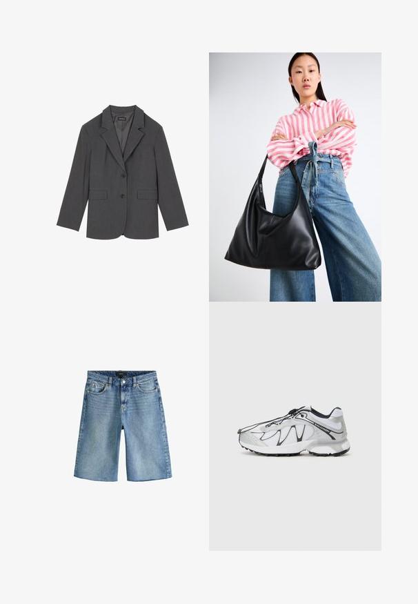 Grauer Blazer mit Reverskragen, zwei Fronttaschen und zwei Knöpfen. Glattes Material mit einem dezenten Webmuster, taillierte Passform und langen Ärmeln.; Schwarzer Langarm-Pullover mit Rundhalsausschnitt und gerippten Bündchen und Saum, auf einem weißen Hintergrund präsentiert.; Next REGULAR FIT - Jeans Shorts - dark blue; Weiße Sportschuhe mit einem Obermaterial aus Mesh, schwarzen Akzenten, einer strukturierten Gummisohle und einem elastischen Schnürsystem. Leichtgewichtig mit modernem Design.; Schwarze Leder-Umhängetasche mit einer lässigen Form und Nahtdetails. Das Modell trägt ein pink-weiß gestreiftes Hemd zu weit geschnittenen blauen Jeans.