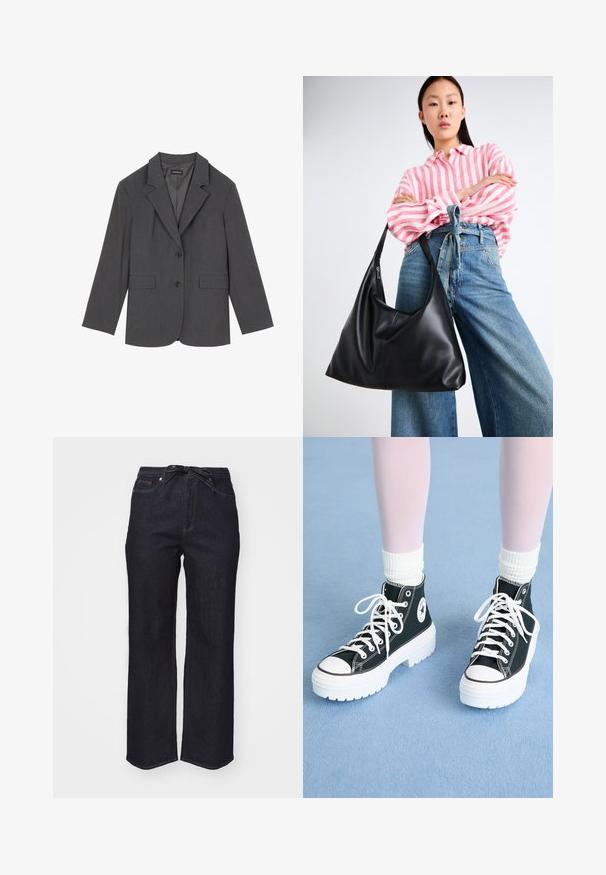 Harmaan takin, jossa on taitetut kaulukset, kaksi etutaskua ja kaksi nappia. Silkkinen kangas, jossa on hienovarainen kudontamalli, jämäkkä istuvuus ja pitkät hihat.; Musta pitkähihainen pyöreäkaulaimen villapaita, jossa on ribbireunat hihansuissa ja helmassa, esitetty valkoista taustaa vasten.; Tummansinisiä farkkuhousuja korkealla vyötäröllä, leveällä lahkeella ja solmimisvyöllä. Ominaisuuksiin kuuluu normaali tikkaus ja siisti helma.; Mustat korkeavartiset lenkkarit, joissa on valkoiset pohjat ja nauhat, sivussa pyöreä logo ja kontrastiväristä mustaa tikkausta. Teksturoitu kangasylä.; Mustassa nahka olkalaukussa on rento muoto ja sauman yksityiskohtia. Malli on pukeutunut vaaleanpunaisiin ja valkoisiin raidallisiin paitoihin sekä leveälahkeisiin sinisiin farkkuihin.; Hopehope hopehope hopehope hopehope hopehope, joka on sileä ja kiillotettu pinta ja ohut, pyöreä muoto. Muotoilu sisältää turvallisen lukituksen.