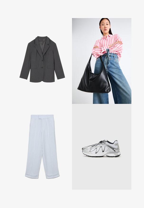 Blazer gris avec revers crantés, deux poches avant et deux boutons. Tissu lisse avec un motif de tissage subtil, coupe structurée et manches longues.; Pull noir à manches longues avec col rond, doté de bords côtelés aux poignets et à l'ourlet, présenté sur un fond blanc.; Pantalons blancs avec des rayures verticales gris clair, design à jambes larges, devant plat et ourlets retroussés. Fabriqués dans un tissu lisse et léger.; Baskets de sport blanches avec une tige en mesh, accents noirs, semelle en caoutchouc texturée et système de laçage élastique. Légères avec un design moderne.; Sac à épaule en cuir noir avec une forme décontractée et des détails de couture. Le modèle porte une chemise rayée rose et blanche avec un jean bleu à jambes larges.