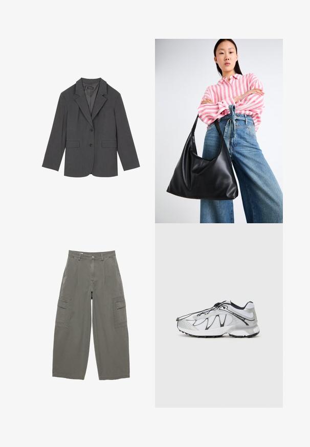 Siv blazer z oštrim reverjem, dvema sprednjima žepoma in dvema gumboma. Gladka tkanina z subtilnim vzorcem, strukturirana oblika in dolgi rokavi.; Črna dolga majica s kratkimi rokavi in krožnim izrezom, z ribastimi manšetami in robom, prikazana na belem ozadju.; Kargo hlače iz olivno zelenega blaga, s širokimi nogavicami, sprednjimi žepi in dvema stranskima žepoma za kargo s poklopcema. Teksturiran bombažni material.; Bela atletska obutev z mrežasto zgornjimi deli, črnimi akcenti, teksturiranim gumijastim podplatom in elastičnim vezalnim sistemom. Lahki in sodobnega dizajna.; Črna usnjena torba preko ramena z ohlapno obliko in šivnimi detajli. Model nosi roza in belo črtasto srajco ter široke modre kavbojke.