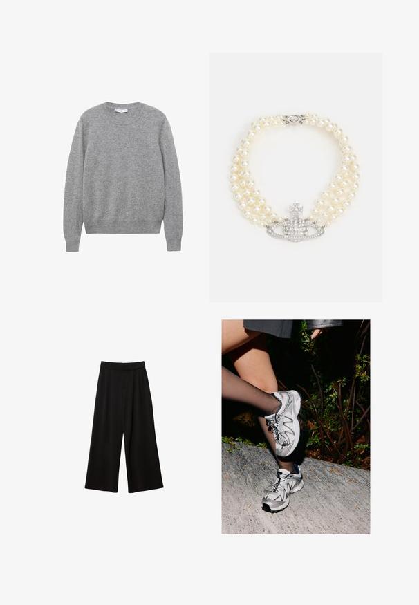 Blazer grigio con rever a punta, due tasche frontali e due bottoni. Tessuto liscio con un delicato motivo a trama, vestibilità strutturata e maniche lunghe.; Maglione grigio in lana con scollo rotondo, maniche lunghe e polsini e orlo a coste. La texture sembra morbida e leggermente strutturata.; Pantaloni neri a gamba larga con vita alta, caratterizzati da pieghe, una texture liscia e senza tasche o decorazioni visibili.; Salomon Sportstyle XT WHISPER UNISEX - Sneakers basse - white/silver-coloured/dark navy; Vivienne Westwood THREE ROW RELIEF CHOKER - Collana - silver-coloured/white
