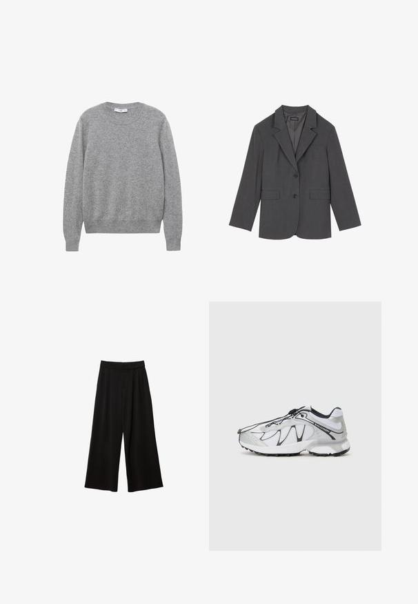 Grå kavaj med slag, två framfickor och två knappar. Slät tyg med en subtil vävstruktur, strukturerad passform och långärmade.; Grå ulltröja med rund halsringning, långa ärmar samt ribbade manschetter och nederkant. Texturen verkar mjuk och något strukturerad.; Svarta vida byxor med hög midja, som har veck, en slät yta och inget synligt fickor eller utsmyckningar.; Vita sportskor med ovandel i mesh, svarta accenter, strukturerad gummisula och elastiskt snörningssystem. Lätta med en modern design.