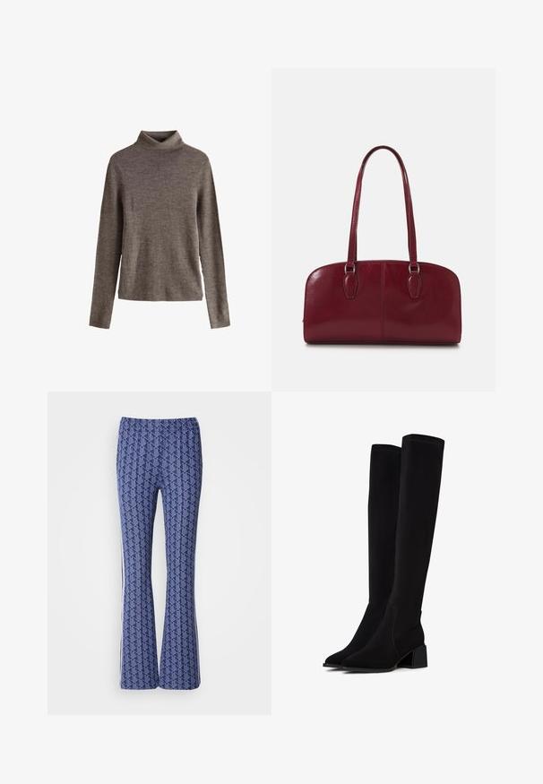 Blazer gris avec revers crantés, deux poches avant et deux boutons. Tissu lisse avec un motif de tissage subtil, coupe structurée et manches longues.; Pull en col roulé marron en tissu tricoté doux, avec des manches longues et une coupe décontractée. Surface texturée avec un design minimaliste.; Pantalons évasés à motif bleu présentant un design géométrique, une taille élastique et des rayures blanches sur les côtés. Texture lisse sur toute la surface.; Bottes noires au-dessus du genou en matériau doux et texturé. Caractéristiques d'un talon carré, d'un bout pointu et de coutures visibles.; Zign LEATHER - Sac à main - dark red