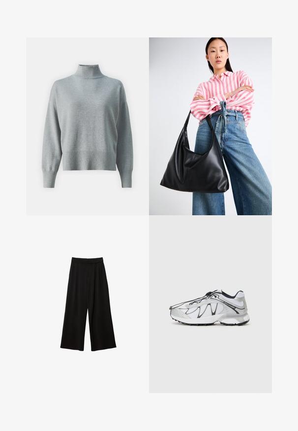 Grauer Blazer mit Reverskragen, zwei Fronttaschen und zwei Knöpfen. Glattes Material mit einem dezenten Webmuster, taillierte Passform und langen Ärmeln.; Hellgrauer Strickpullover mit hohem geripptem Kragen, lockerer Passform, verlängerten Ärmeln und geripptem Saum. Weicher Griff und minimalistisches Design.; Schwarze weit geschnittene Hosen mit hoher Taille, die Falten, eine glatte Textur und keine sichtbaren Taschen oder Verzierungen aufweisen.; Weiße Sportschuhe mit einem Obermaterial aus Mesh, schwarzen Akzenten, einer strukturierten Gummisohle und einem elastischen Schnürsystem. Leichtgewichtig mit modernem Design.; Schwarze Leder-Umhängetasche mit einer lässigen Form und Nahtdetails. Das Modell trägt ein pink-weiß gestreiftes Hemd zu weit geschnittenen blauen Jeans.