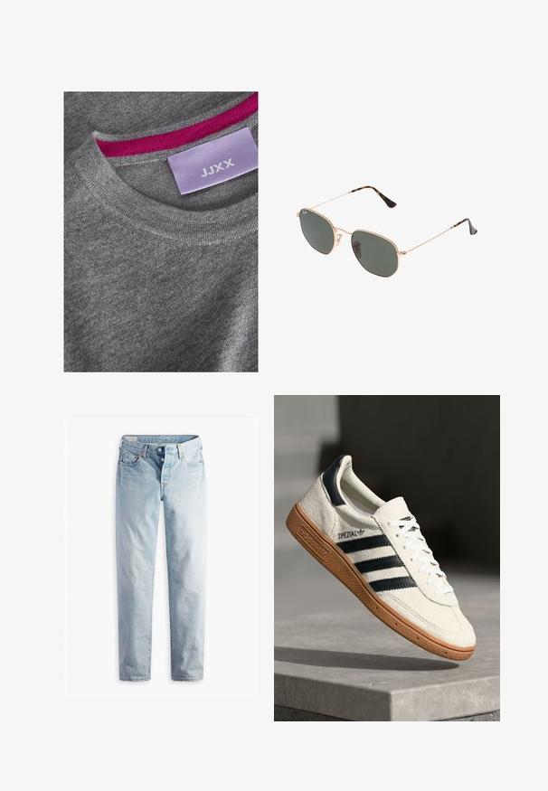 Grauer Blazer mit Reverskragen, zwei Fronttaschen und zwei Knöpfen. Glattes Material mit einem dezenten Webmuster, taillierte Passform und langen Ärmeln.; Grauer gestrickter Pullover mit einem gerippten Rundhalsausschnitt. Rosa Akzent am inneren Ausschnitt. Etikett sichtbar mit "JJXX" auf einem helllila Hintergrund.; Hellblaue Jeans aus Denim mit geradem Bein, zwei Fronttaschen und zwei Gesäßtaschen. Enthält einen Zwei-Knopf-Reißverschluss und dezente Nähte.; Weiße Wildleder-Sneaker mit marineblauen Streifen, Gummisohle, strukturiertem Obermaterial, runder Zehenform und Schnürung; mit Branding an der Seite und auf der Zunge.; Goldfarbene Metallrahmen-Sonnenbrillen mit dunkelgrünen Gläsern im Pilotenstil, mit schlanken Bügeln und Schildpatt-Akzenten an den Spitzen.