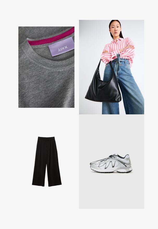 Siv blazer z oštrim reverjem, dvema sprednjima žepoma in dvema gumboma. Gladka tkanina z subtilnim vzorcem, strukturirana oblika in dolgi rokavi.; Sivi pleteni pulover z rebrastim krojem okrog vratu. Rožnata notranja obroba vratu. Oznaka vidna z "JJXX" na svetlo vijolični podlagi.; Črne široke hlače z visokim pasom, opremljene z gubami, gladko teksturo in brez vidnih žepov ali okrasnih detajlov.; Bela atletska obutev z mrežasto zgornjimi deli, črnimi akcenti, teksturiranim gumijastim podplatom in elastičnim vezalnim sistemom. Lahki in sodobnega dizajna.; Črna usnjena torba preko ramena z ohlapno obliko in šivnimi detajli. Model nosi roza in belo črtasto srajco ter široke modre kavbojke.