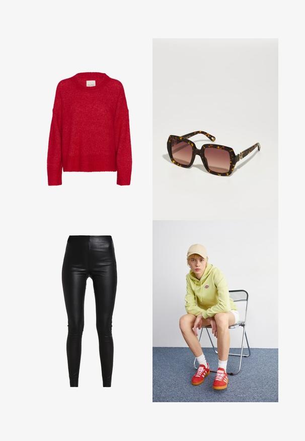 Grijze blazer met geplooide revers, twee voorzakken en twee knopen. Gladde stof met een subtiel geweven patroon, gestructureerde pasvorm en lange mouwen.; Rode gebreide trui met een ronde halslijn, dropped schouders, geribbelde onderrand en een zachte textuur, met een losse pasvorm en een lichte, luchtige uitstraling.; Zwarte nepleer leggings met een hoge taille, een figuurvolgend ontwerp, een gladde textuur en geen zichtbare naden of versieringen.; Lichtgroene hoodie met logo, witte shorts, rode sneakers met witte strepen, zittend op een chroom opvouwstoel tegen een neutrale achtergrond.; CHLOÉ Zonnebril - havana/red; Zwarte leren handtas met een gebogen ontwerp, goudkleurige accenten en een bovenhandvat. Heeft een strakke sluiting en een gladde textuur.
