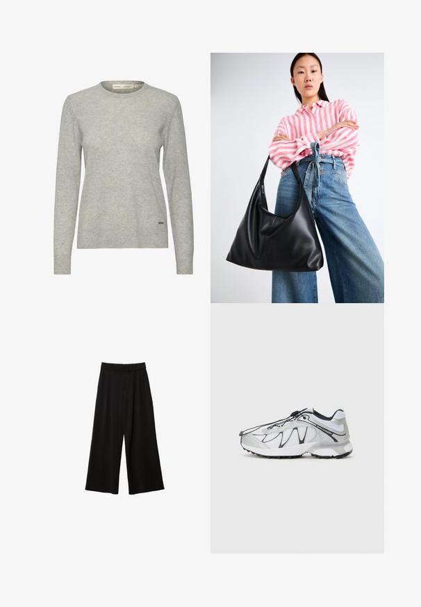 Grauer Blazer mit Reverskragen, zwei Fronttaschen und zwei Knöpfen. Glattes Material mit einem dezenten Webmuster, taillierte Passform und langen Ärmeln.; Hellgrauer Pullover aus weichem Stoff, mit rundem Halsausschnitt, langen Ärmeln und einer subtilen Textur. Kleines Logo-Detail am Saum.; Schwarze weit geschnittene Hosen mit hoher Taille, die Falten, eine glatte Textur und keine sichtbaren Taschen oder Verzierungen aufweisen.; Weiße Sportschuhe mit einem Obermaterial aus Mesh, schwarzen Akzenten, einer strukturierten Gummisohle und einem elastischen Schnürsystem. Leichtgewichtig mit modernem Design.; Schwarze Leder-Umhängetasche mit einer lässigen Form und Nahtdetails. Das Modell trägt ein pink-weiß gestreiftes Hemd zu weit geschnittenen blauen Jeans.