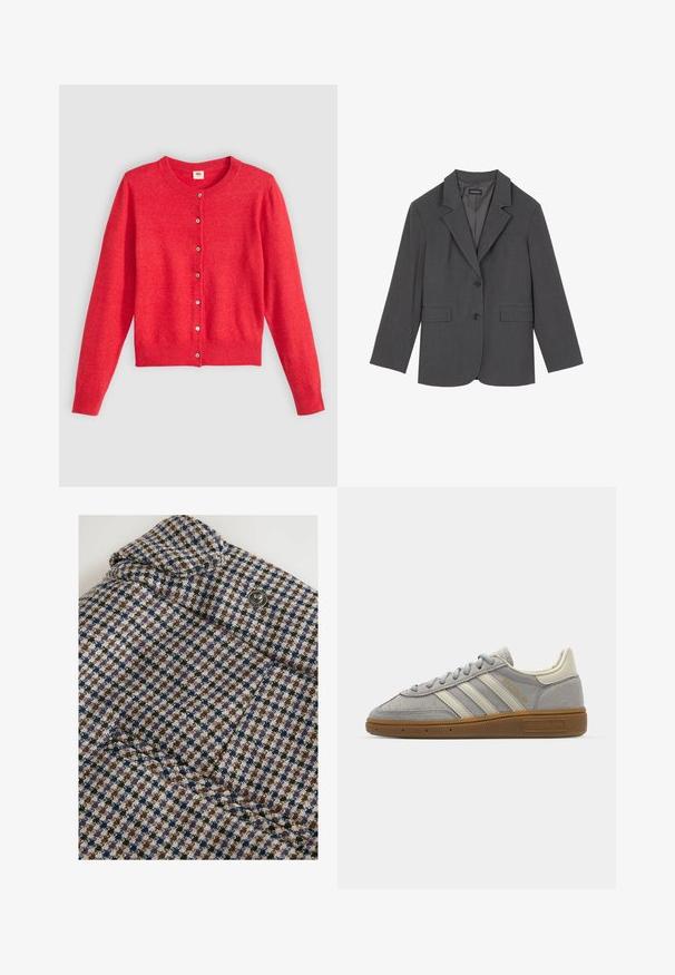 Grijze blazer met geplooide revers, twee voorzakken en twee knopen. Gladde stof met een subtiel geweven patroon, gestructureerde pasvorm en lange mouwen.; Rode cardigan van zacht materiaal met een ronde hals, lange mouwen en een knoopsluiting aan de voorkant. Voorzien van bijpassende knopen.; Next REGULAR FIT - CHECK BARREL TAILORED - Broek - brown; Grijze suède sneakers met lichtgrijze leren strepen en een gomrubberen zool. Kenmerken zijn een vetersluiting en subtiele branding op de tong.