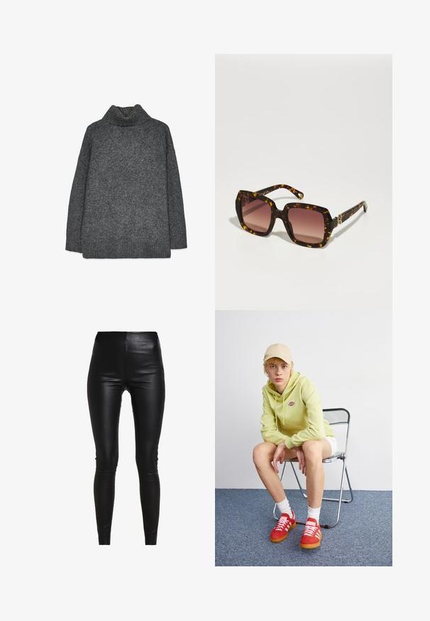 Blazer gris con solapas en pico, dos bolsillos frontales y dos botones. Tejido suave con un patrón de tejido sutil, corte estructurado y mangas largas.; Suéter de punto gris con cuello alto que presenta un corte relajado, puños y dobladillo acanalados, y un tejido texturizado. La parte posterior es sencilla, sin detalles adicionales.; Leggings de cuero sintético negro con cintura alta, diseño ajustado, textura suave y sin costuras visibles ni adornos.; Sudadera verde claro con logo, pantalones cortos blancos, zapatillas rojas con rayas blancas, sentado en una silla plegable de cromo contra un fondo neutral.; CHLOÉ Gafas de sol - havana/red; Bolso de mano de cuero negro con un diseño curvado, herrajes en tono dorado y un mango superior. Presenta un cierre elegante y una textura suave.