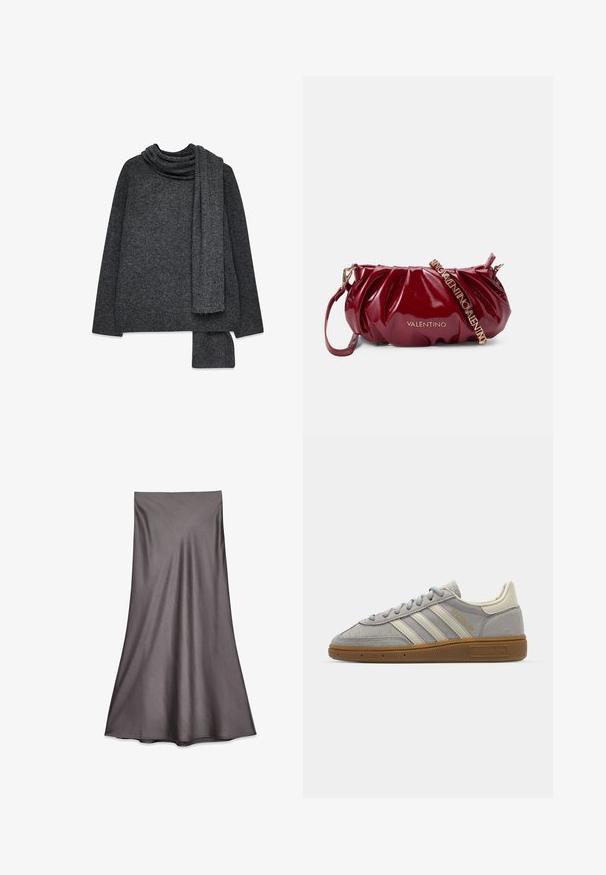 Pelēks žakets ar iegrieztiem klāniem, divām priekšējām kabatām un diviem pogām. Gluds audums ar smalku auduma rakstu, strukturēta piegriezuma un garām piedurknēm.; Tumši pelēks pārāk liels adīts džemperis ar kakla apkakli un atbilstošu šalli, ar teksturētu virsmu un taisnām piedurknēm.; Pelēka satīna midi svārki ar gludu tekstūru un plūstošu dizainu. Iezīmē taisnu piegriezumu, kas krīt zem ceļgaliem, bez rotājumiem.; Pelēki zamšādē sneakers ar gaiši pelēkiem ādas svītrainēm un gumijas zoli. Iespējas ietver šņorēšanu un smalku zīmolu uz mēles.; Burgundijas lakota ādas rokassomiņa ar saliektu dizainu, zelta detaļām un regulējamu siksnu ar "VALENTINO" uzrakstu.