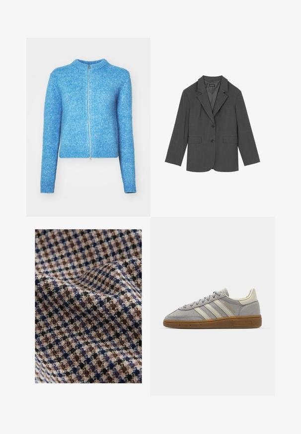 Pilkas švarkas su išlenktais apykakliais, dviem priekinėm kišenėm ir dviem mygtukais. Lygi medžiaga su subtiliu audinio raštu, struktūrizuotas fasonas ir ilgomis rankovėmis.; Mėlynas megztinis su apvaliu kaklu, pilnu užtrauktuku, ilgomis rankovėmis ir raukšlėta apačia. Minkšta tekstūra su šiek tiek margu išvaizda.; Pilkas peplumo topas su struktūruotu, be rankovių dizainu. Pagamintas iš lygaus audinio, turi vertikalias siūles ir tiesų iškirpimą.; Audinys languoto rašto, kuriame dominuoja smėlio, rudos, tamsiai mėlynos ir juodos spalvos, su tekstūruotu paviršiumi. Minkšta ir laisvai krentanti išvaizda.; Pilki zomšiniai sportbačiai su šviesiai pilkomis odinėmis juostelėmis ir guminiu padu. Ypatybės: raištelių uždarymas ir subtilus prekės ženklo logotipas ant liežuvėlio.