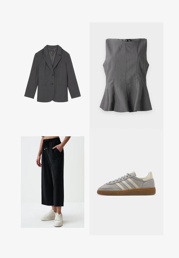 Szary żakiet z klapami, dwoma przednimi kieszeniami i dwoma guzikami. Gładki materiał z delikatnym wzorem tkanym, dopasowany krój i długie rękawy.; Szary top peplum o strukturalnym, bezrękawnikowym fasonie. Wykonany z gładkiego materiału, z pionowymi szwami i prostym dekoltem.; Czarne szerokie spodnie wykonane z miękkiego materiału, z elastycznym paskiem w pasie z możliwością regulacji, kieszeniami po bokach oraz gładką strukturą.; Szare zamszowe trampki z jasnoszarymi skórzanymi paskami i gumową podeszwą. Wśród cech znajduje się zapięcie na sznurowadła oraz subtelna marka na języku.