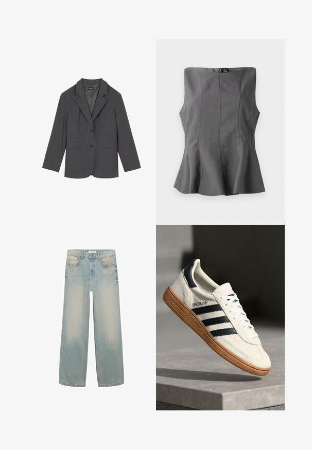 Siv blazer z oštrim reverjem, dvema sprednjima žepoma in dvema gumboma. Gladka tkanina z subtilnim vzorcem, strukturirana oblika in dolgi rokavi.; Sivina peplum majica s strukturiranim, bezrukavnim dizajnom. Izrađena od glatkog materijala, s vertikalnim šavovima i ravnim dekolteom.; Mango Široke kavbojke - light blue; Bela nubuk superga s športnimi trakovi v temno modri barvi, gumijastim podplatom, strukturirano zgornjo plastjo, okroglim nosom in vezalkami; vsebuje blagovno znamko na strani in jeziku.