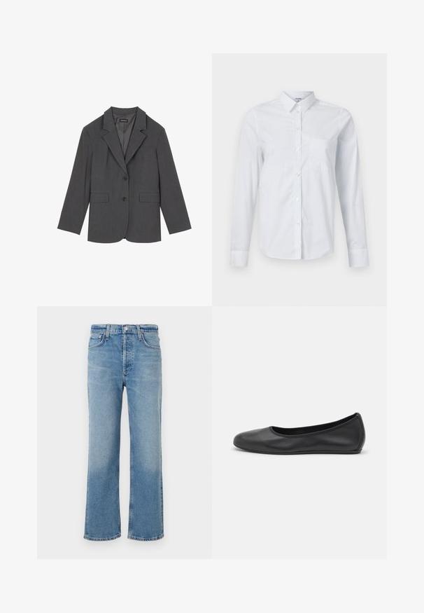 Siv blazer z oštrim reverjem, dvema sprednjima žepoma in dvema gumboma. Gladka tkanina z subtilnim vzorcem, strukturirana oblika in dolgi rokavi.; Bela dolga majica z dolgimi rokavi, narejena iz bombaža. Ima gumbasto zapiranje spredaj, koničast ovratnik in žep na levi strani prsnega dela.; Svijetloplave traperice ravnog kroja s visokim strukom, pet džepova i klasičnim, blago istaknutim završetkom.; Črne usnjene balerinke z zaobljenim nosom, gladko teksturo, minimalnimi šivi in fleksibilno zasnovo podplata.