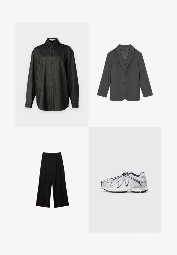 Gray blazer with notched lapels, two front pockets, and two buttons. Smooth fabric with a subtle weave pattern, structured fit, and long sleeves.; Black and gray striped shirt with long sleeves, button-down front, and a classic collar. Made from textured fabric with a relaxed fit.; Black wide-leg trousers with a high waist, featuring pleats, a smooth texture, and no visible pockets or embellishments.; White athletic shoes with a mesh upper, black accents, textured rubber sole, and elastic lacing system. Lightweight with a modern design.