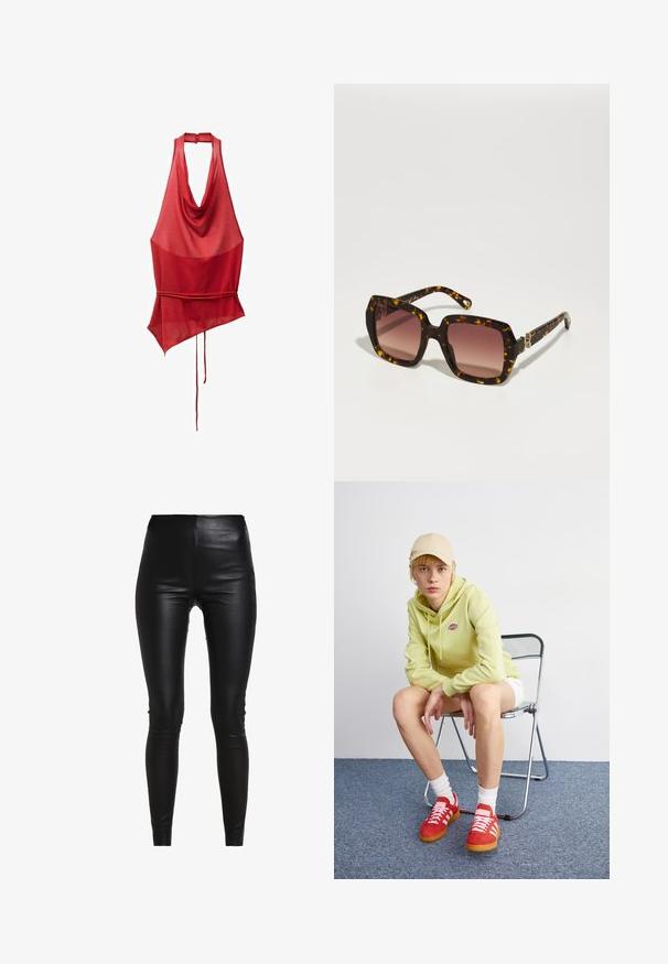 Gray blazer with notched lapels, two front pockets, and two buttons. Smooth fabric with a subtle weave pattern, structured fit, and long sleeves.; Red sleeveless top featuring a draped neckline, asymmetric hem, and tie detail at the waist. Made from a lightweight, sheer fabric.; Black faux leather leggings with a high waist, form-fitting design, smooth texture, and no visible seams or embellishments.; Light green hoodie with logo, white shorts, red sneakers with white stripes, sitting on a chrome folding chair against a neutral background.; CHLOÉ Sunglasses - havana/red; Black leather handbag with a curved design, gold-tone hardware, and a top handle. Features a sleek closure and smooth texture.