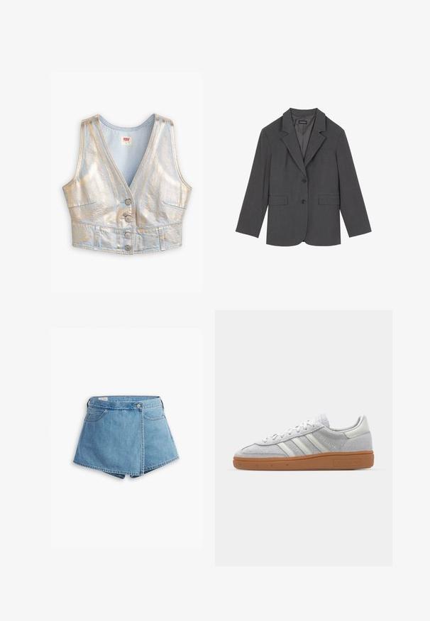 Szürke blézer, rugós hajtókákkal, két elülső zsebbel és két gombbal. Simább anyag finom szövési mintával, struktúrált fazon, hosszú ujjakkal.; Világoskék farmer cropped mellény V-nyakkal, fémes fényű, öt gombbal záródik, és két elülső zsebbel rendelkezik; általánosan sima tapintású.; Világoskék farmer rövidnadrág, csavart kialakítással, elülső zsebekkel és fémből készült gombos záródással. Sima textúra, varrott szélekkel.; Világosszürke velúr sportcipő fehér bőrcsíkkal, három fehér csíkkal és barna gumitalppal, párnázott bokarésszel a kényelem érdekében.