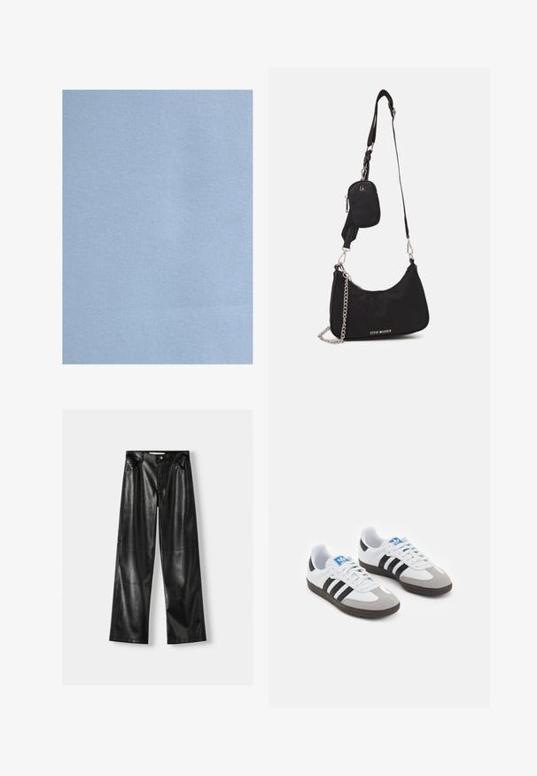 Grå blazer med noterede klapper, to frontlommer og to knapper. Glat stof med et subtilt vævemønster, struktureret pasform og lange ærmer.; Lysblå vævet stof med en glat tekstur og fint tråd mønster, jævnt oplyst med let synlige naturlige folder.; Sorte læder bukser med vide ben og en skinnende overflade, der har to forlommer, knaplukning og synlige sømdetaljer.; Sportsko med en overdel i hvid læder, grå ruskind på tåen og tre sorte striber. Har et blåt logo på tungen og en struktureret gummisål.; Sort nylon skuldertaske med en buet form, sølvfarvet kædeaccent, aftagelig mini-pung og justerbar rem; prydet med "Steve Madden" logo.