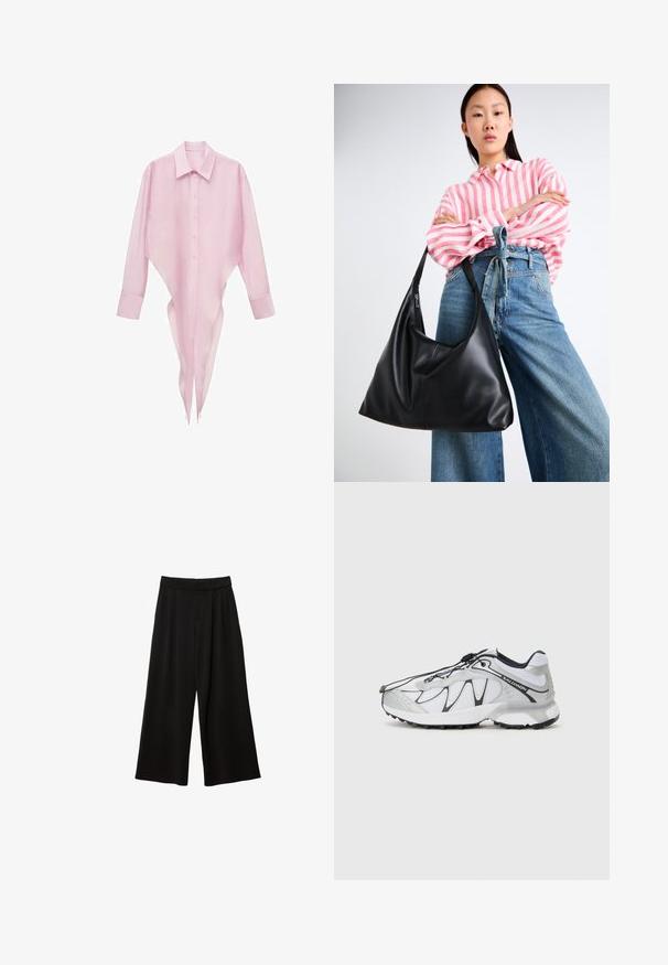 Gray blazer with notched lapels, two front pockets, and two buttons. Smooth fabric with a subtle weave pattern, structured fit, and long sleeves.; Pink long-sleeve shirt with a pointed hem, button-down front, and classic collar. Lightweight, sheer fabric with a smooth texture.; Black wide-leg trousers with a high waist, featuring pleats, a smooth texture, and no visible pockets or embellishments.; White athletic shoes with a mesh upper, black accents, textured rubber sole, and elastic lacing system. Lightweight with a modern design.; Black leather shoulder bag with a slouchy shape and seam details. Model wears a pink and white striped shirt with wide-leg blue jeans.