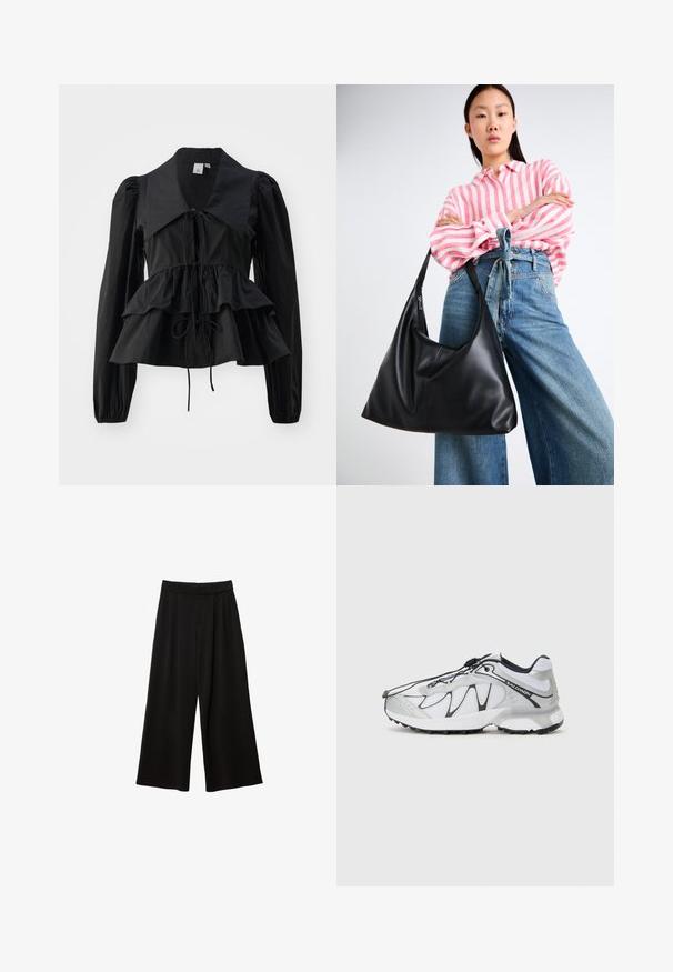 Šedý blazer s klopami, dvěma předními kapsami a dvěma knoflíky. Hladká látka s jemným tkaným vzorem, strukturovaný střih a dlouhé rukávy.; Černý top s dlouhým rukávem, velkým límcem a nastavitelnými šňůrkami u výstřihu, s vrstveným peplum lemem. Vyrobeno z hladkého, lehkého materiálu.; Černé široké kalhoty s vysokým pasem, se sklady, hladkou texturou a bez viditelných kapes či ozdob.; Bílé sportovní boty s síťovaným svrškem, černými akcenty, texturovanou gumovou podrážkou a elastickým šněrovacím systémem. Lehký model s moderním designem.; Černá kožená taška přes rameno se uvolněným tvarem a švy. Model na sobě má růžovo-bílý pruhovaný top a široké modré džíny.