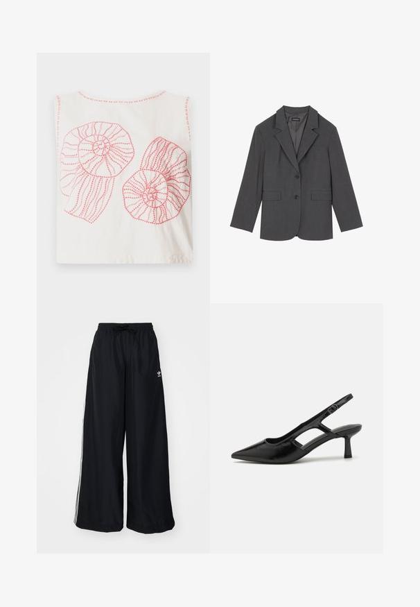 Gray blazer with notched lapels, two front pockets, and two buttons. Smooth fabric with a subtle weave pattern, structured fit, and long sleeves.; White cotton tank top featuring two large pink spiral seashell designs with outlined patterns and textured stitching.; Black wide-leg pants made from lightweight fabric. Features an elastic waistband with drawstring and white side stripes. Brand logo on hip.; Black slingback heels with a pointed toe, made of glossy material, featuring cut-out accents and a moderate heel for support.