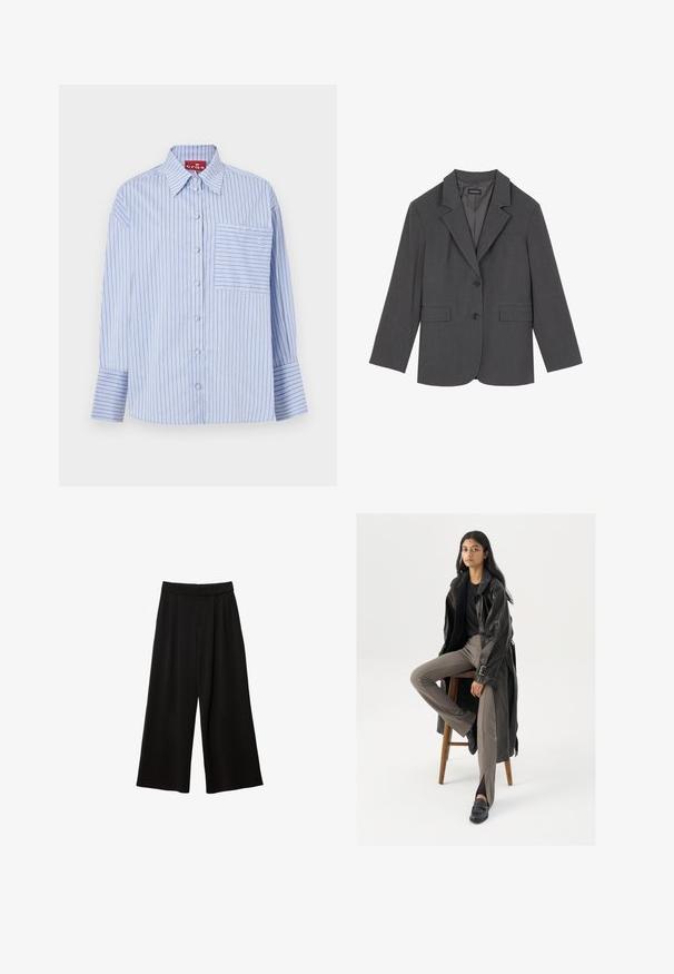Siv blazer z oštrim reverjem, dvema sprednjima žepoma in dvema gumboma. Gladka tkanina z subtilnim vzorcem, strukturirana oblika in dolgi rokavi.; Modra in bela črtasta srajca s ovratnikom, dolgimi rokavi, sprednjimi gumbi in žepom na levi strani prsnega dela, ki ima usklajene črte.; Črne široke hlače z visokim pasom, opremljene z gubami, gladko teksturo in brez vidnih žepov ali okrasnih detajlov.; Črn usnjen trench plašč z gumbi in detajli pasu, v kombinaciji s svetlo rjavimi prilegajočimi hlačami in črnimi loferji, sedeč na lesenem stolu.