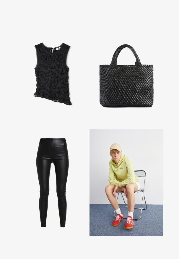 Blazer grigio con rever a punta, due tasche frontali e due bottoni. Tessuto liscio con un delicato motivo a trama, vestibilità strutturata e maniche lunghe.; Top senza maniche nero con texture arricciata, orlo con frange e taglio asimmetrico. Chiusura regolabile con lacci sul retro. Tessuto leggero.; Leggings neri in finta pelle con vita alta, design aderente, texture liscia e senza cuciture o decorazioni visibili.; Felpa verde chiaro con logo, pantaloni corti bianchi, scarpe rosse con strisce bianche, seduto su una sedia pieghevole in cromo contro uno sfondo neutro.; Borsa a tracolla nera intrecciata con due manici, caratterizzata da una superficie texturizzata e una forma rettangolare. Design semplice e unico senza hardware visibile.