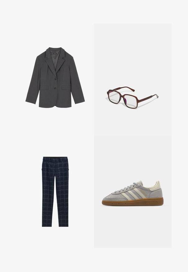 Sacou gri cu rever clasic, două buzunare frontale și două butoane. Material neted cu un model de țesătură subtil, croială structurată și mâneci lungi.; Top alb cu dungi, cu mânecă lungă și guler rotund. Fabricat dintr-un material elastic care se îmbină cu corpul. Are linii orizontale subtile.; Pantaloni slim-fit de culoare bleumarin, cu pattern cu pătrățele albe, curea de susținere și buzunare laterale, întinși pe un fundal alb.; Adidași din suede gri, cu dungi din piele gri deschis și talpă din cauciuc de tip gumă. Include închidere cu șireturi și un branding discret pe limbă.; Ochelari de vedere dreptunghiulari, maro, cu lentile transparente și nuanțe de violet. Cadru din plastic neted cu brațe drepte și accente subtile.