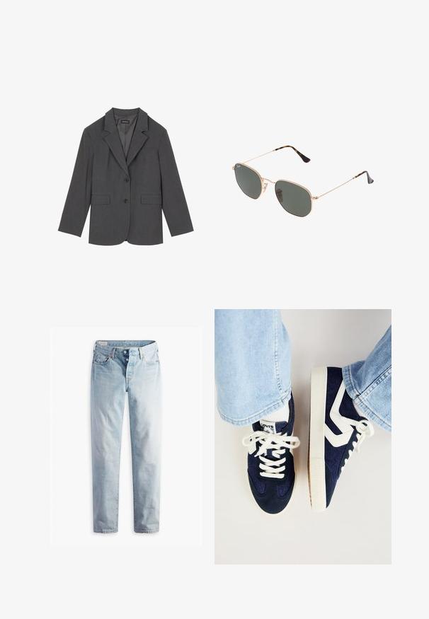 Šedý blazer s klopami, dvěma předními kapsami a dvěma knoflíky. Hladká látka s jemným tkaným vzorem, strukturovaný střih a dlouhé rukávy.; Intimissimi CHRISTMAS - Top s dlouhým rukávem - black; Světle modré denimové džíny s rovnými nohavicemi, dvě přední kapsy a dvě zadní kapsy. Obsahují dvouknoflíkový zip a jemné prošívání.; Tmavě modré tenisky vyrobené z nubuku a textilu, s bílými tkaničkami, texturovanou podrážkou a kontrastními detailem na boku.; Sluneční brýle s kovovým zlatým rámem a tmavě zelenými skly, styl aviatorek, s úzkými obroučkami a želvovinovými akcenty na špičkách.