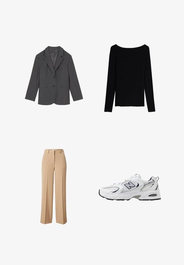 Gray blazer with notched lapels, two front pockets, and two buttons. Smooth fabric with a subtle weave pattern, structured fit, and long sleeves.; Intimissimi CHRISTMAS - Long sleeved top - black; Beige striped wide-leg trousers with a tailored waistband and belt loops, featuring a smooth texture and a classic, straight fit.; White athletic shoe with mesh upper, navy accents, and cushioned sole. Features "N" logo, laces, and textured detail on side.