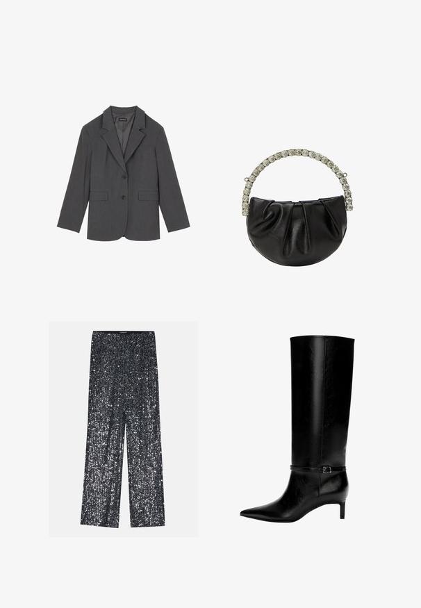Šedý blazer s klopami, dvěma předními kapsami a dvěma knoflíky. Hladká látka s jemným tkaným vzorem, strukturovaný střih a dlouhé rukávy.; Intimissimi CHRISTMAS - Top s dlouhým rukávem - black; Černé palazzo kalhoty se štrasovými flitry s širokým střihem a elastickým pasem, s lesklým, texturovaným povrchem, který odráží světlo.; Černá kožená vysoká bota po kolena s špičatou špičkou a malým podpatkem. Obsahuje úzký pásek s kovovou sponou kolem kotníku. Hladký povrch.; Černá kožená kabelka se skládáním a krystalově zdobenou rukojetí, má kulatý tvar a hladký povrch.
