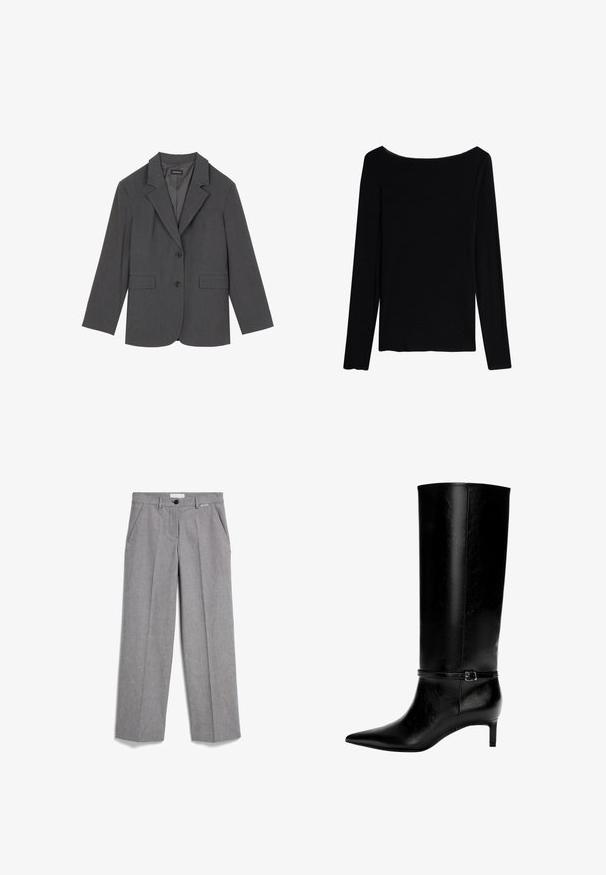 Grijze blazer met geplooide revers, twee voorzakken en twee knopen. Gladde stof met een subtiel geweven patroon, gestructureerde pasvorm en lange mouwen.; Intimissimi CHRISTMAS - Longsleeve - black; Grijze, wijde broek met een gestructureerde stof, voorzien van twee voorzakken en een enkele knoopsluiting. Strak ontwerp en op maat gemaakte pasvorm.; Zwarte leren laarzen tot de knie met een spitse neus en een kleine hak. Voorzien van een smalle band met een metalen gesp rond de enkel. Effen textuur.