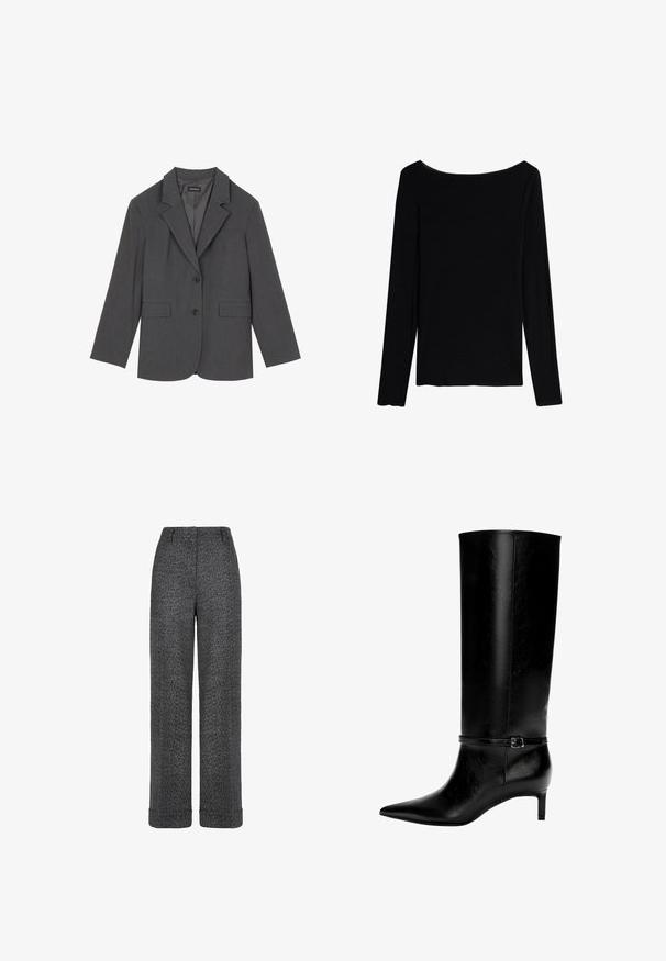 Szary żakiet z klapami, dwoma przednimi kieszeniami i dwoma guzikami. Gładki materiał z delikatnym wzorem tkanym, dopasowany krój i długie rękawy.; Intimissimi - Bluzka z długim rękawem; Szare spodnie w jodełkę o szerokim kroju, z płaskim paskiem w talii i podwiniętymi mankietami, wykonane z teksturowanej tkaniny.; Czarne skórzane wysokie botki z ostrym noskiem i niskim obcasem. Posiadają wąski pasek z metalową klamrą wokół kostki. Gładka tekstura.