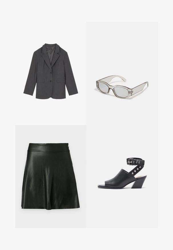 Sivý blejzer s vykrojenými klopami, dvoma prednými vreckami a dvoma gombíkmi. Hladká tkanina s jemným tkaným vzorom, štruktúrovaný strih a dlhé rukávy.; Dve bezrukávové topy v čiernej a bielej farbe, vyrobené z rebrovanej bavlny, s okrúhlym výstrihom a priliehavým strihom. Viditeľné štítky na oboch.; Čierna sukňa v tvare písmena A z faux kože so hladkým povrchom, širokým pásom a rozšíreným lemom, s jemným leskom a bez viditeľných kovových častí.; Čierne kožené sandále s otvorenou špičkou a podpätkom, s remienkom na členku, zdobené prackou a striebornými cvočkami na remienku, s blokovým podpätkom.; Sivá priehľadná slnečné okuliare s obdĺžnikovým tvarom, plochými šošovkami a hrubými ramienkami. Obsahujú jemný detail pántu na spánkoch.