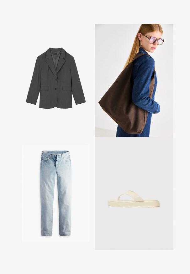 Grå kavaj med slag, två framfickor och två knappar. Slät tyg med en subtil vävstruktur, strukturerad passform och långärmade.; Vit bomullströja med en centrerad rosa cupcake-grafik med ett körsbär på toppen. Korta ärmar och avslappnad passform.; Ljusblå denimjeans med raka ben, två framfickor och två bakfickor. Inkluderar en tvåknappsgylf och diskret sömnad.; Platta flip-flop sandaler i ljusgul. Tillverkade av mjuk gummi med två diagonala remmar och en tjock sula för komfort och hållbarhet.; Brun läderväska med mjuk textur, som har en rymlig design och ett enda handtag. Bärs med en blå denimjacka.
