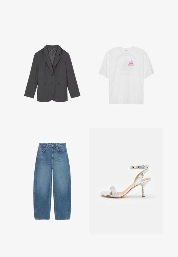 Grijze blazer met geplooide revers, twee voorzakken en twee knopen. Gladde stof met een subtiel geweven patroon, gestructureerde pasvorm en lange mouwen.; Witte katoenen T-shirt met een gecentreerde roze cupcake-afbeelding met een kers bovenop. Korte mouwen en een losse pasvorm.; Blauwe hoge taille wijde jeans met voorkruiden en knoopsluiting, plat weergegeven op een witte achtergrond.; Zilveren hoge hak sandaal met een textuur van reptielenpatroon, enkelbandje en een dunne stiletto hak, met een slank, minimaal ontwerp.