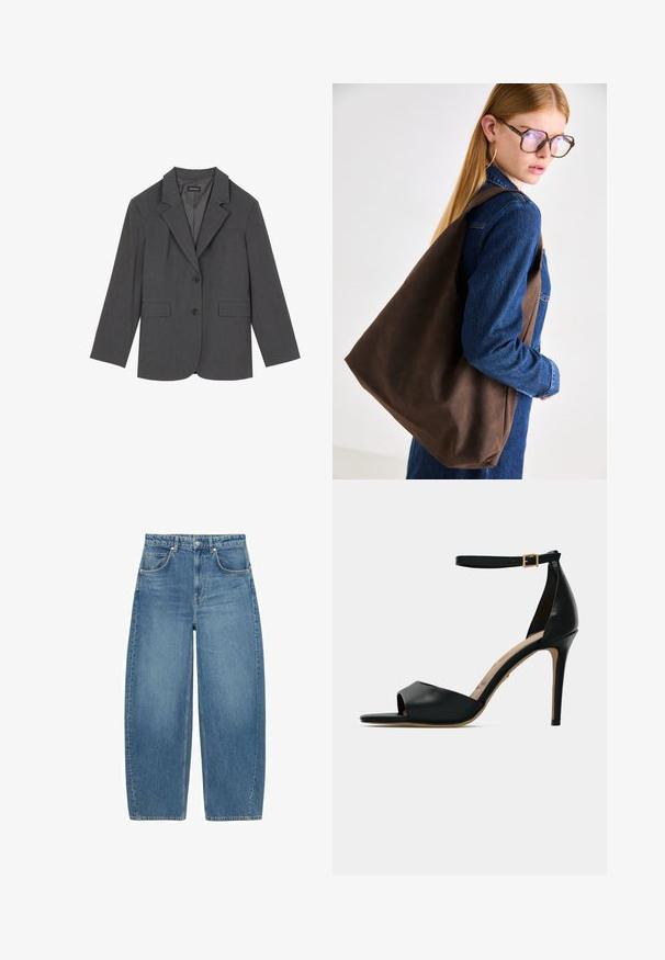 Grå kavaj med slag, två framfickor och två knappar. Slät tyg med en subtil vävstruktur, strukturerad passform och långärmade.; Vit bomullströja med en centrerad rosa cupcake-grafik med ett körsbär på toppen. Korta ärmar och avslappnad passform.; Blå högmidjade vida jeans med framfickor och knäppning, uppvisade liggande på en vit bakgrund.; Svart högklackad sandal med öppen tå, slät läderöverdel, ankelrem med guldspänne och en beige fotbädd.; Brun läderväska med mjuk textur, som har en rymlig design och ett enda handtag. Bärs med en blå denimjacka.