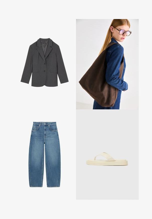 Blazer gris avec revers crantés, deux poches avant et deux boutons. Tissu lisse avec un motif de tissage subtil, coupe structurée et manches longues.; T-shirt en coton blanc avec un graphique de cupcake rose centré avec une cerise sur le dessus. Manches courtes et coupe décontractée.; Jean bleu taille haute, large avec poches avant et fermeture à bouton, présenté à plat sur un fond blanc.; Sandales tongs plates en jaune clair. Fabriquées en caoutchouc lisse avec deux sangles diagonales et une semelle épaisse pour le confort et la durabilité.; Sac tote en cuir marron avec une texture douce, offrant un design spacieux et une seule sangle. Porté avec une veste en jean bleu.