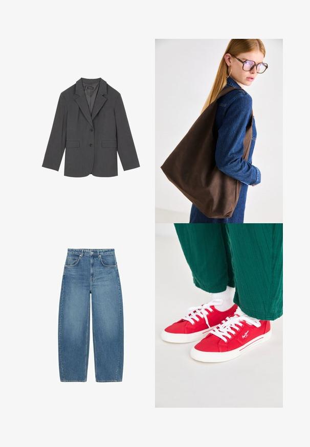 Blazer grigio con rever a punta, due tasche frontali e due bottoni. Tessuto liscio con un delicato motivo a trama, vestibilità strutturata e maniche lunghe.; T-shirt bianca in cotone con una grafica centrale di un cupcake rosa decorato con una ciliegia sopra. Maniche corte e vestibilità rilassata.; Jeans blu a vita alta, a gamba larga, con tasche frontali e chiusura a bottone, esposti in piano su uno sfondo bianco.; Sneakers di tela rossa con lacci bianchi, caratterizzati da una suola in gomma bianca e accenti a righe sui lati. Indossati con pantaloni verdi strutturati e calze bianche.; Borsa a tracolla in pelle marrone con una texture morbida, caratterizzata da un design ampio e una sola tracolla. Indossata con un giubbino di jeans blu.