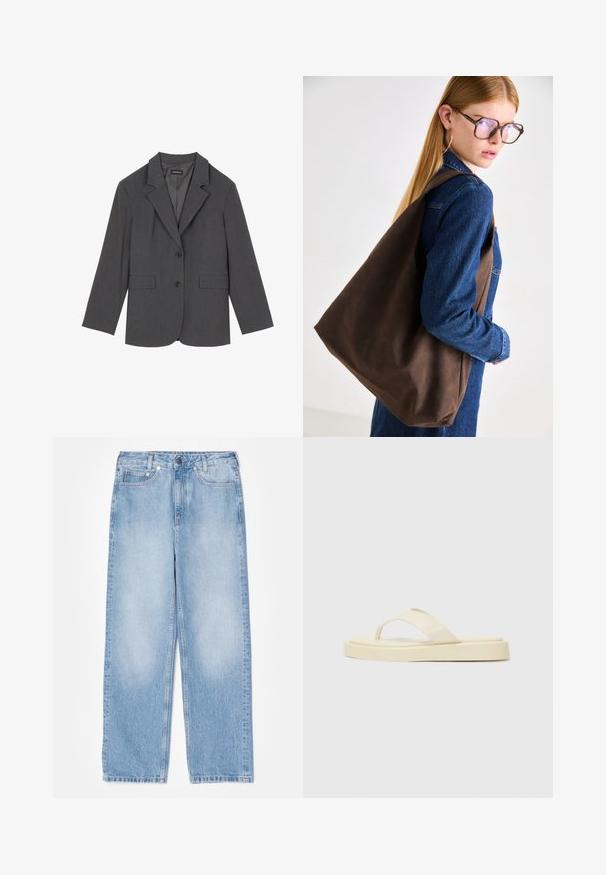 Blazer gris con solapas en pico, dos bolsillos frontales y dos botones. Tejido suave con un patrón de tejido sutil, corte estructurado y mangas largas.; Camiseta de algodón blanca con un gráfico de cupcake rosa centrado y una cereza en la parte superior. Manga corta y corte relajado.; sandro Vaqueros rectos - bleu jean; Sandalias planas de flip-flop en amarillo claro. Hechas de goma suave con dos correas diagonales y una suela gruesa para comodidad y durabilidad.; Bolso tote de cuero marrón con una textura suave, que presenta un diseño espacioso y una sola correa. Combinado con una chaqueta de mezclilla azul.